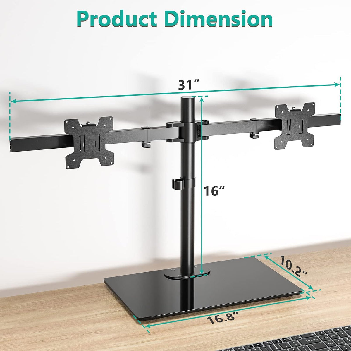 Free Standing Dual Monitor Stand, Height Adjustable Monitor Mount with Glass Base, Fits LCD LED Flat Curved Screen up to 27 inch, 22lbs, with Grommet Base (GMF002)