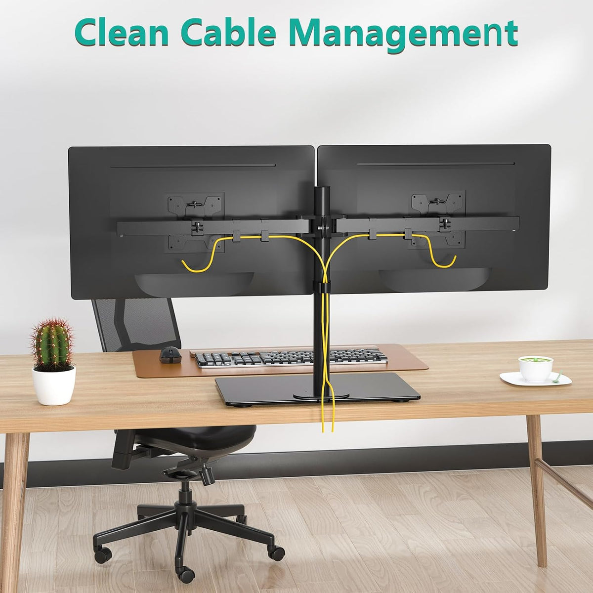 Free Standing Dual Monitor Stand, Height Adjustable Monitor Mount with Glass Base, Fits LCD LED Flat Curved Screen up to 27 inch, 22lbs, with Grommet Base (GMF002)