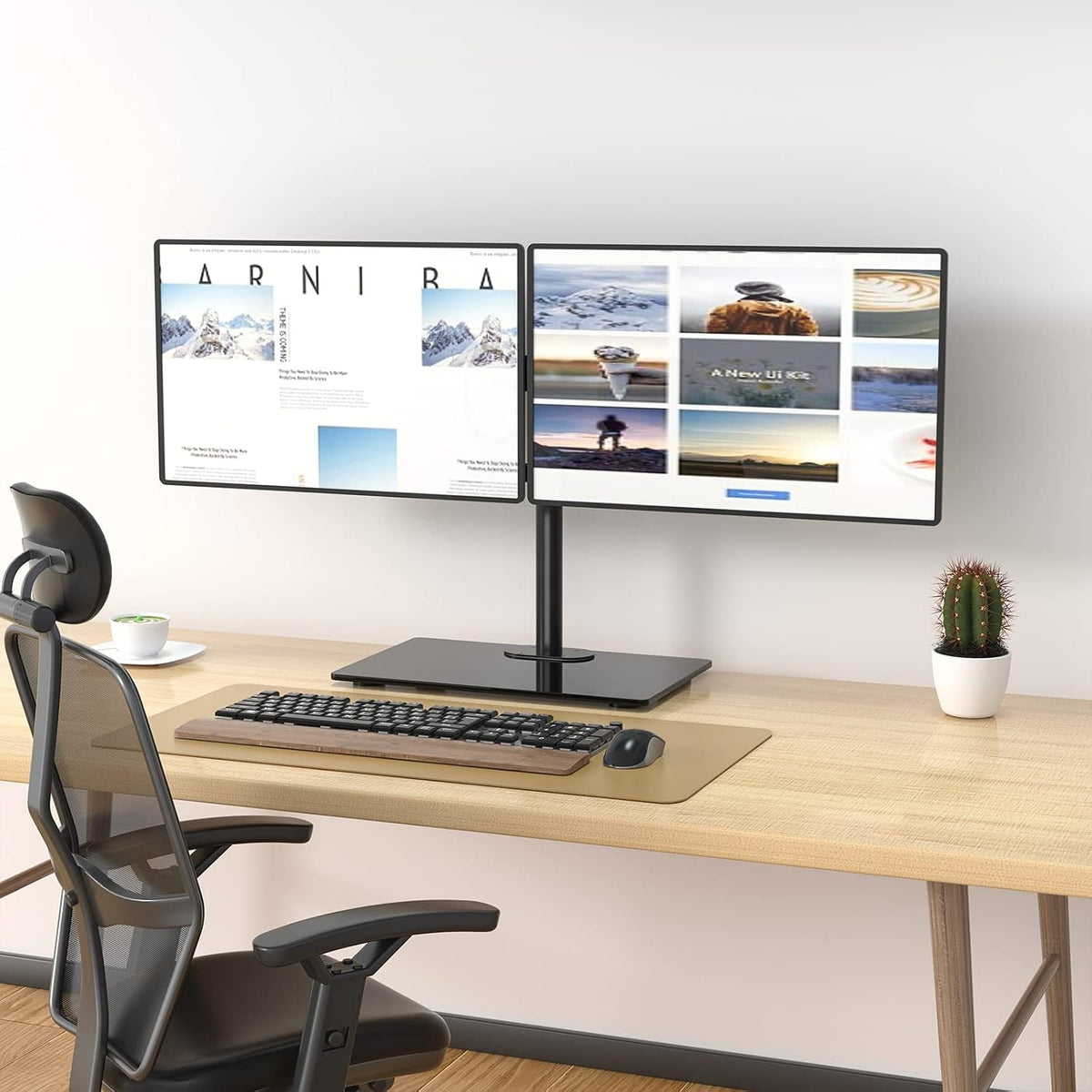 Free Standing Dual Monitor Stand, Height Adjustable Monitor Mount with Glass Base, Fits LCD LED Flat Curved Screen up to 27 inch, 22lbs, with Grommet Base (GMF002)