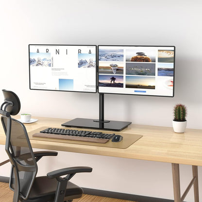 Free Standing Dual Monitor Stand, Height Adjustable Monitor Mount with Glass Base, Fits LCD LED Flat Curved Screen up to 27 inch, 22lbs, with Grommet Base (GMF002)