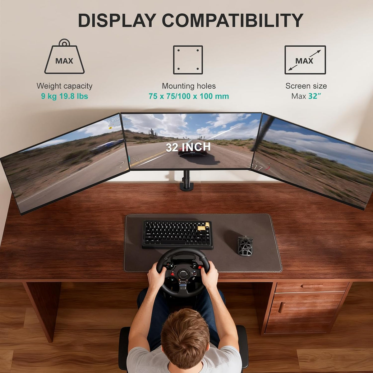 Free Standing Dual Monitor Stand, Height Adjustable Monitor Mount with Glass Base, Fits LCD LED Flat Curved Screen up to 27 inch, 22lbs, with Grommet Base (GMF002)