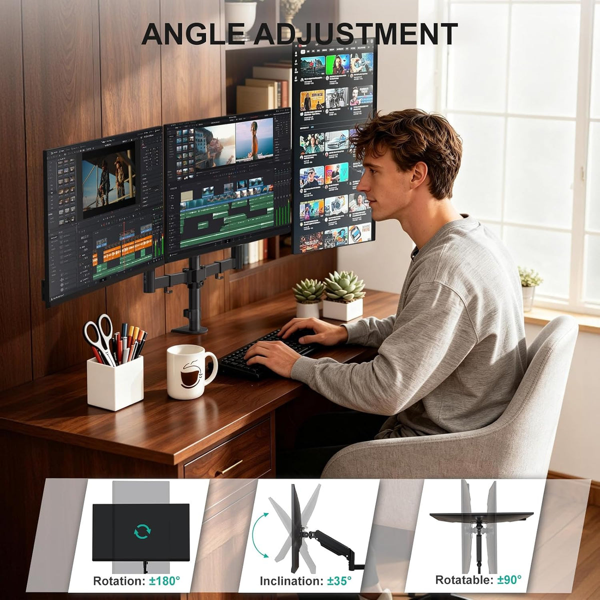 Free Standing Dual Monitor Stand, Height Adjustable Monitor Mount with Glass Base, Fits LCD LED Flat Curved Screen up to 27 inch, 22lbs, with Grommet Base (GMF002)