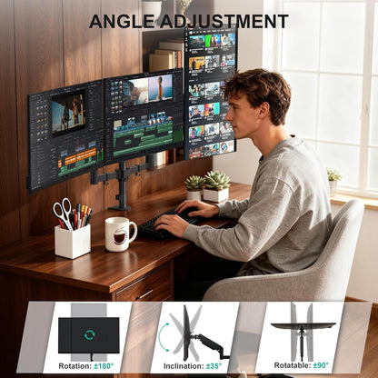 Free Standing Dual Monitor Stand, Height Adjustable Monitor Mount with Glass Base, Fits LCD LED Flat Curved Screen up to 27 inch, 22lbs, with Grommet Base (GMF002)