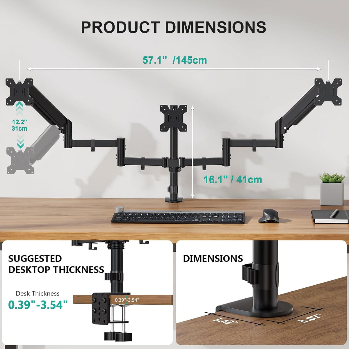 Free Standing Dual Monitor Stand, Height Adjustable Monitor Mount with Glass Base, Fits LCD LED Flat Curved Screen up to 27 inch, 22lbs, with Grommet Base (GMF002)