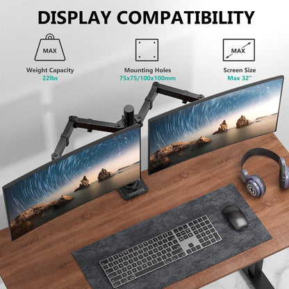 Free Standing Dual Monitor Stand, Height Adjustable Monitor Mount with Glass Base, Fits LCD LED Flat Curved Screen up to 27 inch, 22lbs, with Grommet Base (GMF002)