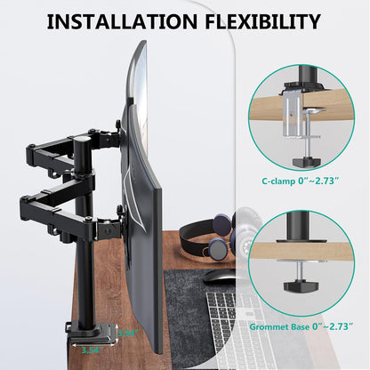 Free Standing Dual Monitor Stand, Height Adjustable Monitor Mount with Glass Base, Fits LCD LED Flat Curved Screen up to 27 inch, 22lbs, with Grommet Base (GMF002)