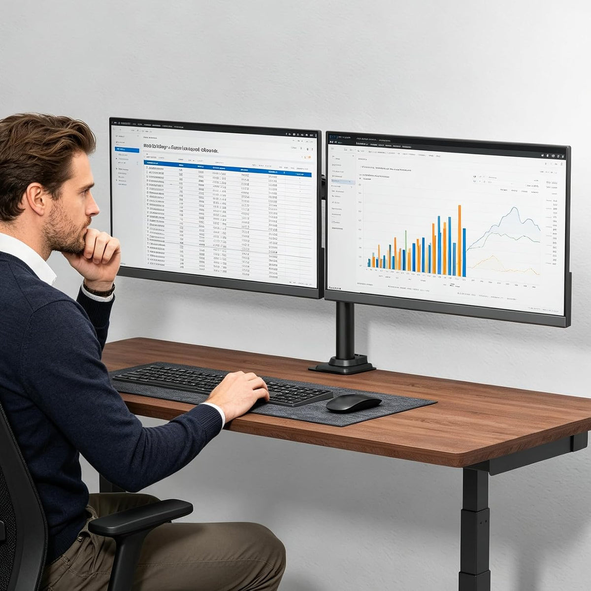 Free Standing Dual Monitor Stand, Height Adjustable Monitor Mount with Glass Base, Fits LCD LED Flat Curved Screen up to 27 inch, 22lbs, with Grommet Base (GMF002)
