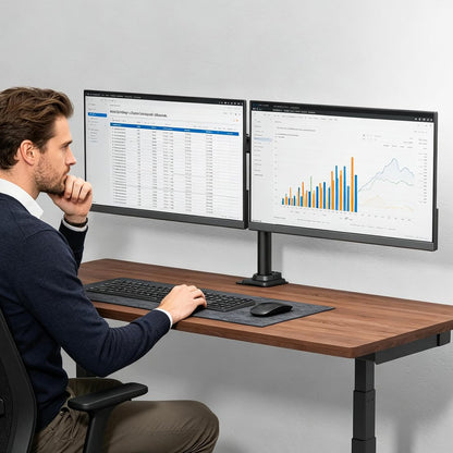 Free Standing Dual Monitor Stand, Height Adjustable Monitor Mount with Glass Base, Fits LCD LED Flat Curved Screen up to 27 inch, 22lbs, with Grommet Base (GMF002)