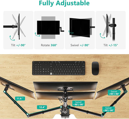 Free Standing Dual Monitor Stand, Height Adjustable Monitor Mount with Glass Base, Fits LCD LED Flat Curved Screen up to 27 inch, 22lbs, with Grommet Base (GMF002)