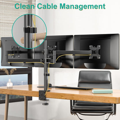 Free Standing Dual Monitor Stand, Height Adjustable Monitor Mount with Glass Base, Fits LCD LED Flat Curved Screen up to 27 inch, 22lbs, with Grommet Base (GMF002)