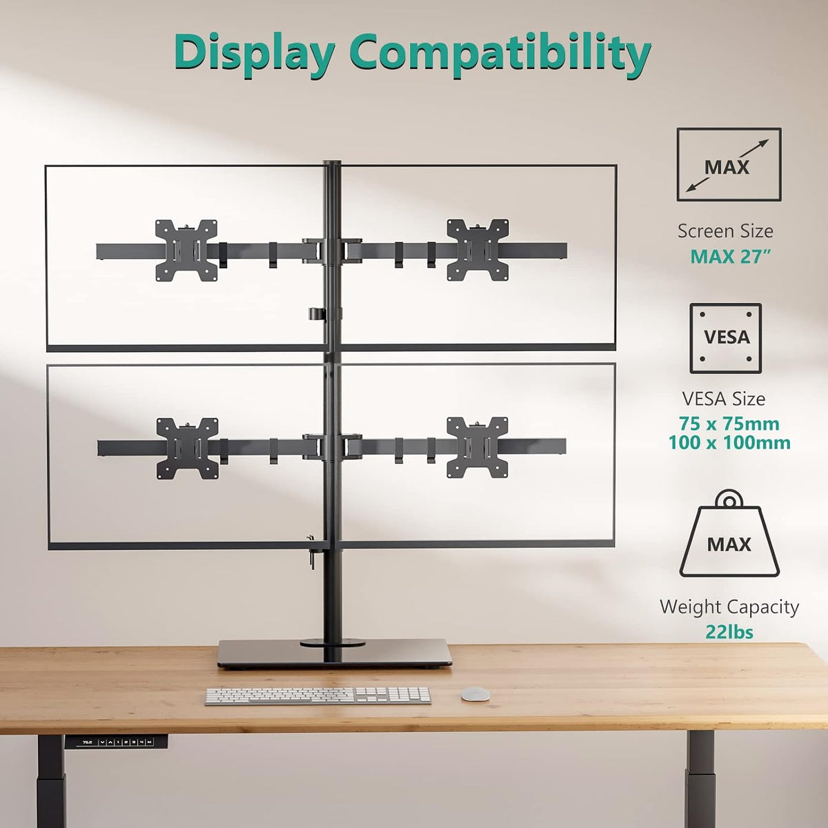 Free Standing Dual Monitor Stand, Height Adjustable Monitor Mount with Glass Base, Fits LCD LED Flat Curved Screen up to 27 inch, 22lbs, with Grommet Base (GMF002)