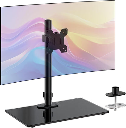 Free Standing Dual Monitor Stand, Height Adjustable Monitor Mount with Glass Base, Fits LCD LED Flat Curved Screen up to 27 inch, 22lbs, with Grommet Base (GMF002)