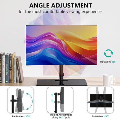 Free Standing Dual Monitor Stand, Height Adjustable Monitor Mount with Glass Base, Fits LCD LED Flat Curved Screen up to 27 inch, 22lbs, with Grommet Base (GMF002)