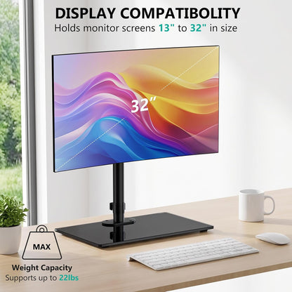 Free Standing Dual Monitor Stand, Height Adjustable Monitor Mount with Glass Base, Fits LCD LED Flat Curved Screen up to 27 inch, 22lbs, with Grommet Base (GMF002)
