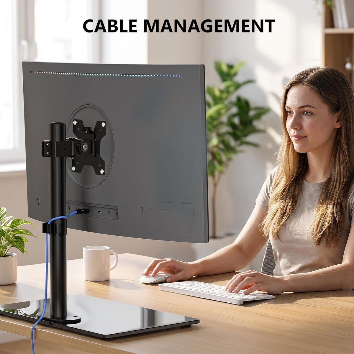 Free Standing Dual Monitor Stand, Height Adjustable Monitor Mount with Glass Base, Fits LCD LED Flat Curved Screen up to 27 inch, 22lbs, with Grommet Base (GMF002)