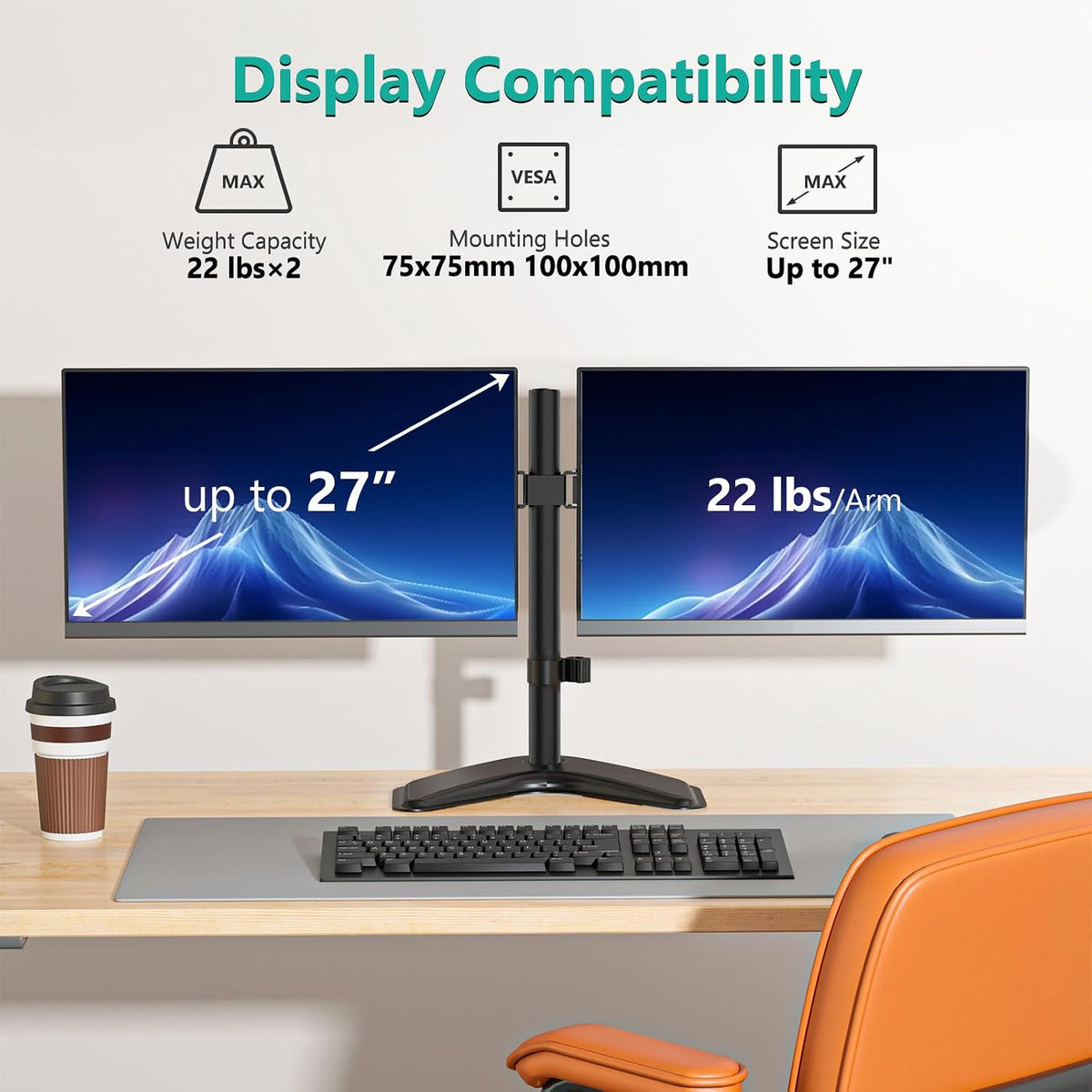Free Standing Dual Monitor Stand, Height Adjustable Monitor Mount with Glass Base, Fits LCD LED Flat Curved Screen up to 27 inch, 22lbs, with Grommet Base (GMF002)
