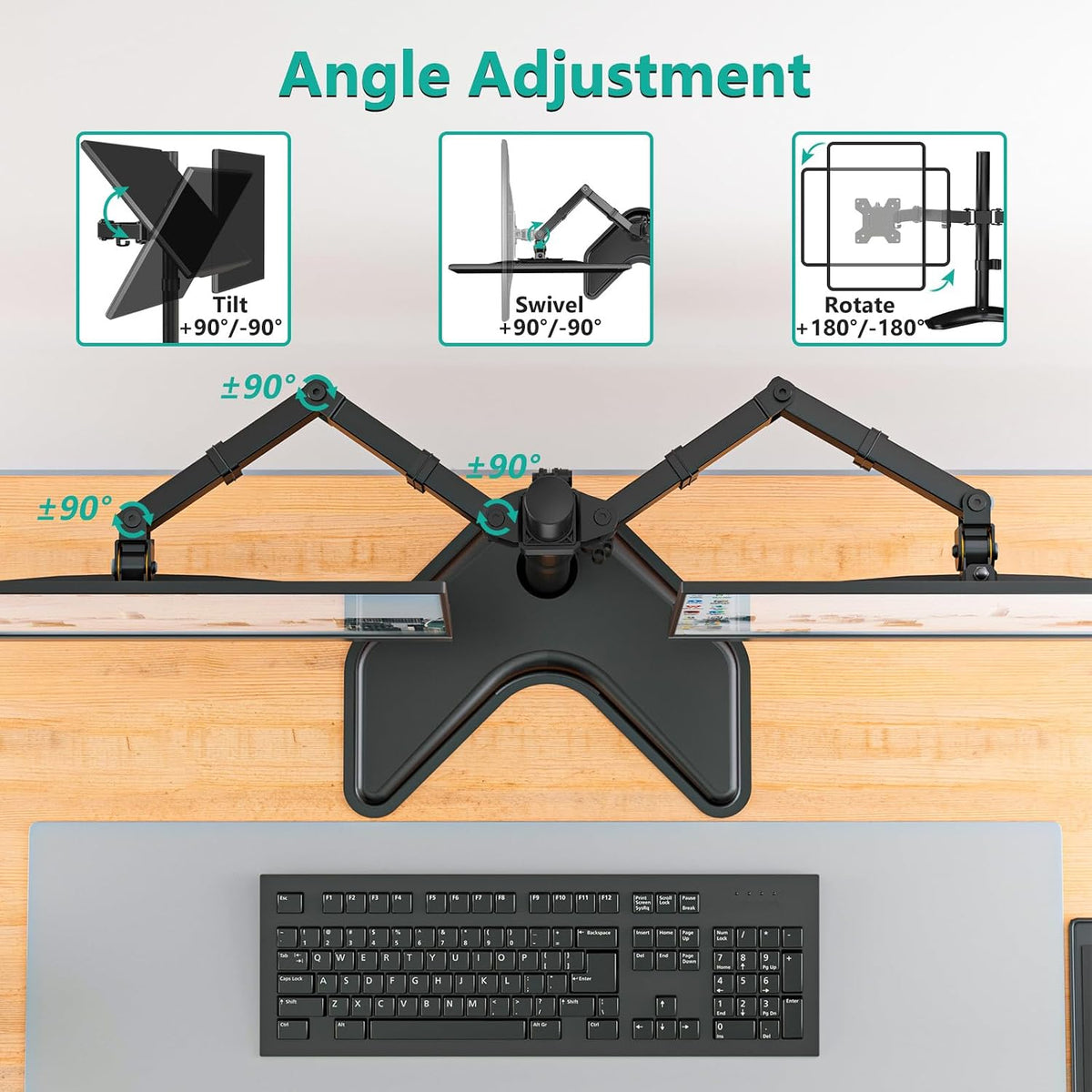 Free Standing Dual Monitor Stand, Height Adjustable Monitor Mount with Glass Base, Fits LCD LED Flat Curved Screen up to 27 inch, 22lbs, with Grommet Base (GMF002)