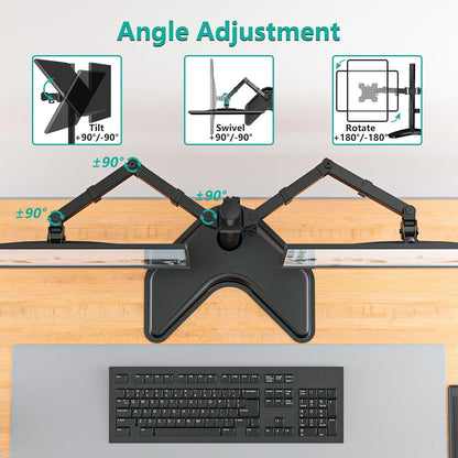 Free Standing Dual Monitor Stand, Height Adjustable Monitor Mount with Glass Base, Fits LCD LED Flat Curved Screen up to 27 inch, 22lbs, with Grommet Base (GMF002)