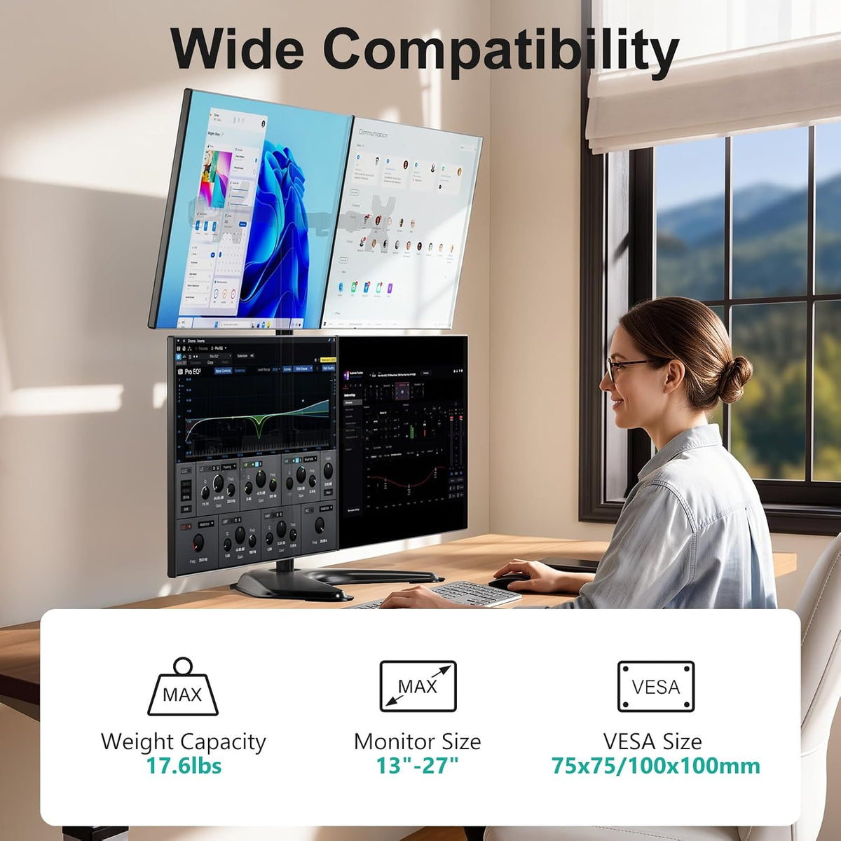 Free Standing Dual Monitor Stand, Height Adjustable Monitor Mount with Glass Base, Fits LCD LED Flat Curved Screen up to 27 inch, 22lbs, with Grommet Base (GMF002)