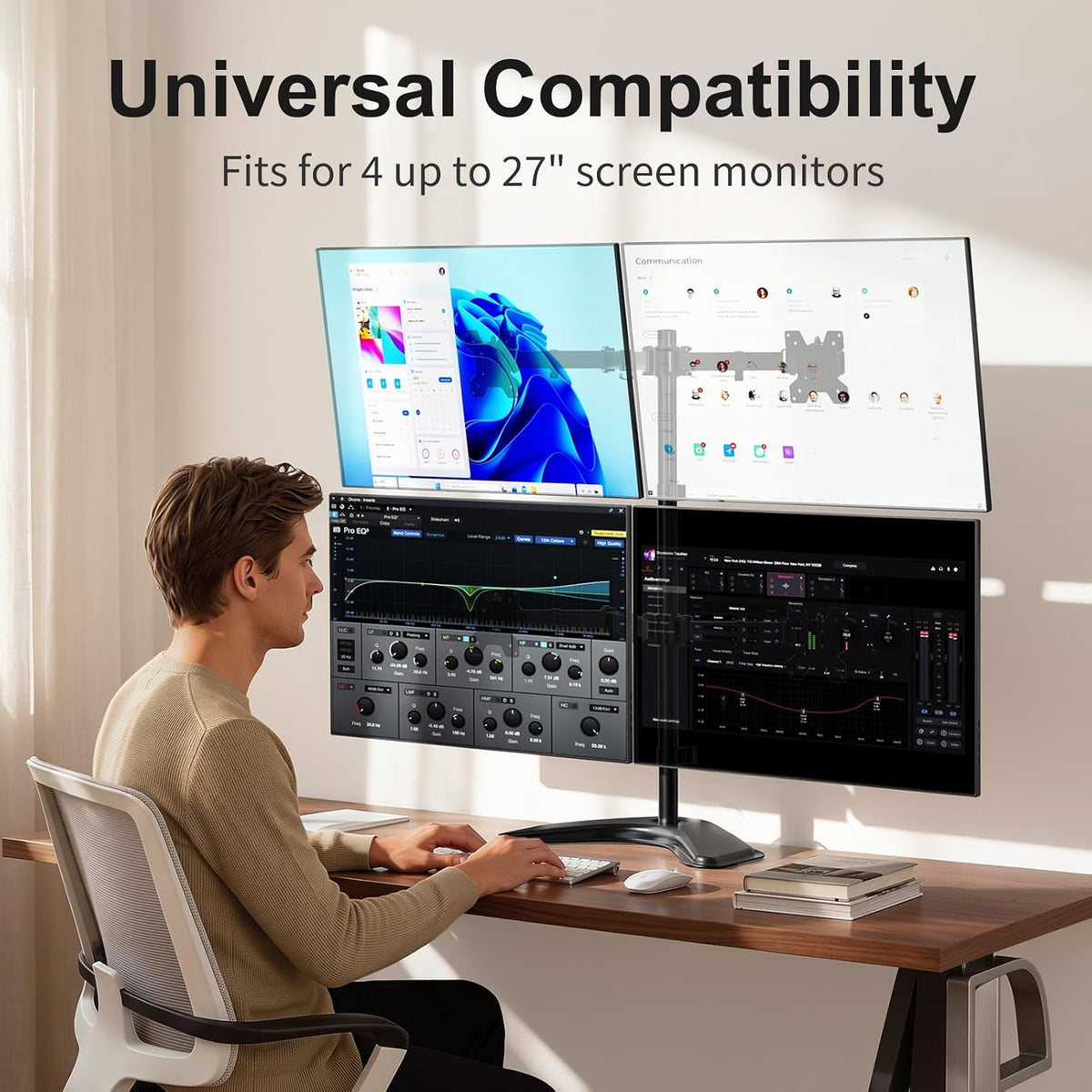 Free Standing Dual Monitor Stand, Height Adjustable Monitor Mount with Glass Base, Fits LCD LED Flat Curved Screen up to 27 inch, 22lbs, with Grommet Base (GMF002)