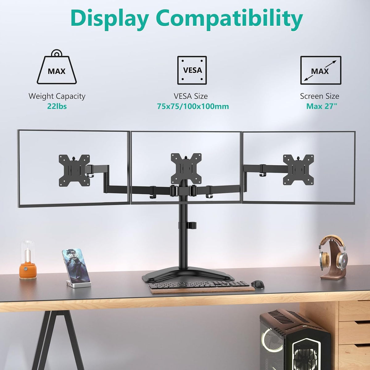 Free Standing Dual Monitor Stand, Height Adjustable Monitor Mount with Glass Base, Fits LCD LED Flat Curved Screen up to 27 inch, 22lbs, with Grommet Base (GMF002)
