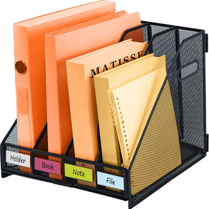 Desk File Organizer Metal Desk Magazine Folder With 4 Vertical Compartments Rack File Organizer For Office, Home, School, Black