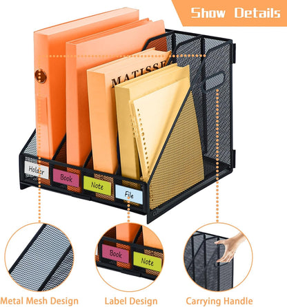 Desk File Organizer Metal Desk Magazine Folder With 4 Vertical Compartments Rack File Organizer For Office, Home, School, Black