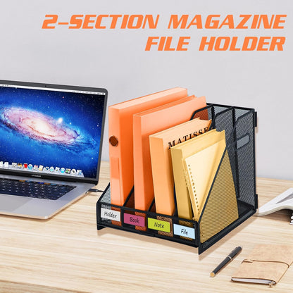 Desk File Organizer Metal Desk Magazine Folder With 4 Vertical Compartments Rack File Organizer For Office, Home, School, Black