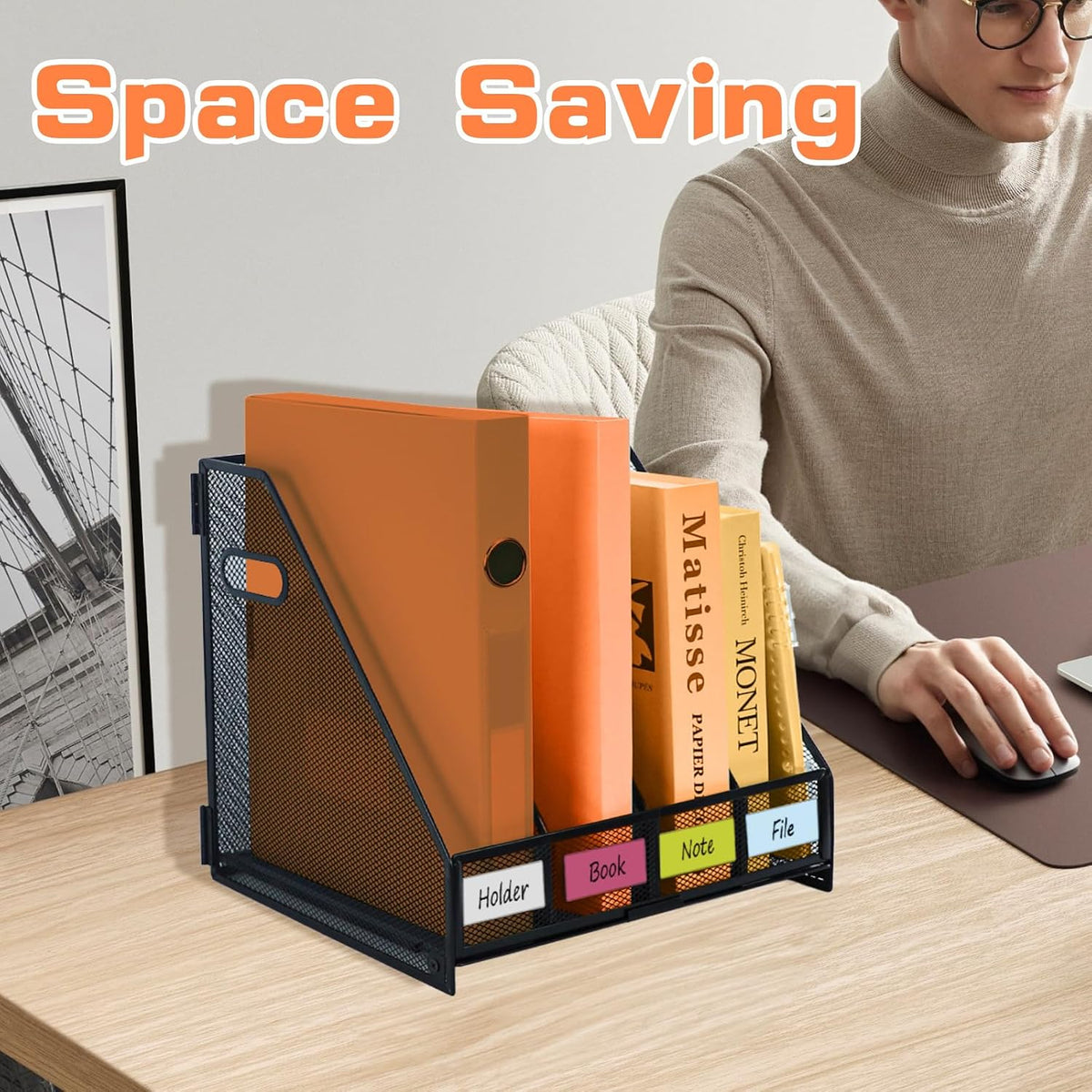 Desk File Organizer Metal Desk Magazine Folder With 4 Vertical Compartments Rack File Organizer For Office, Home, School, Black