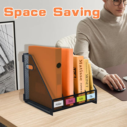 Desk File Organizer Metal Desk Magazine Folder With 4 Vertical Compartments Rack File Organizer For Office, Home, School, Black