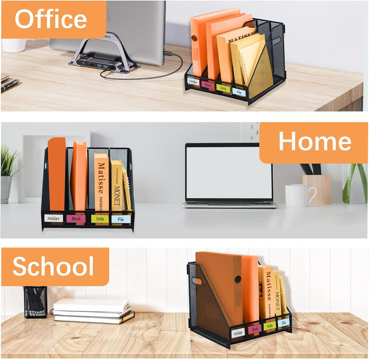 Desk File Organizer Metal Desk Magazine Folder With 4 Vertical Compartments Rack File Organizer For Office, Home, School, Black