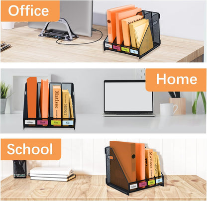 Desk File Organizer Metal Desk Magazine Folder With 4 Vertical Compartments Rack File Organizer For Office, Home, School, Black