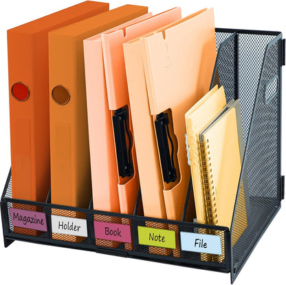 Desk File Organizer Metal Desk Magazine Folder With 4 Vertical Compartments Rack File Organizer For Office, Home, School, Black