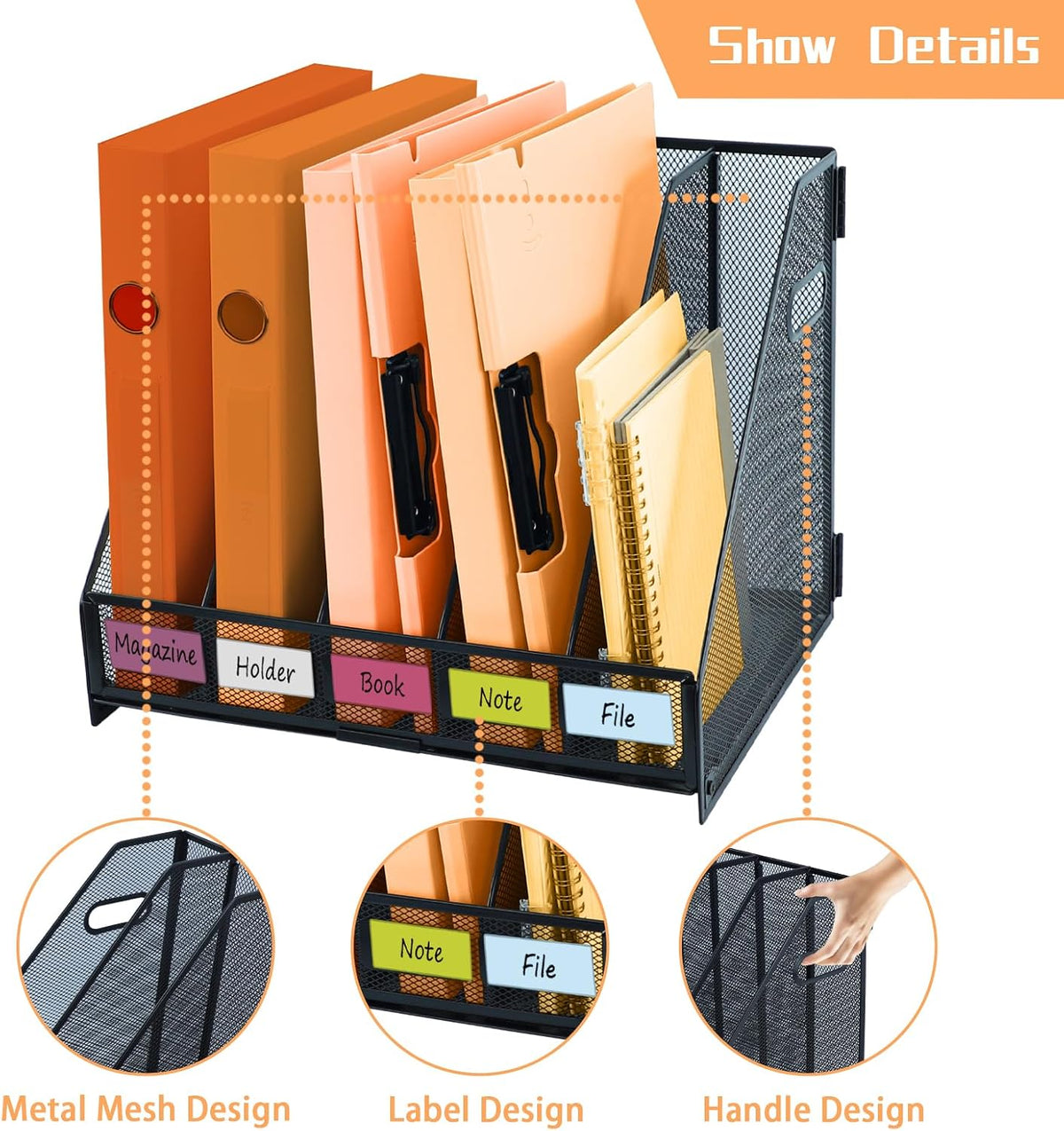 Desk File Organizer Metal Desk Magazine Folder With 4 Vertical Compartments Rack File Organizer For Office, Home, School, Black