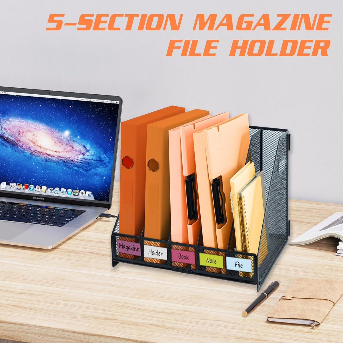 Desk File Organizer Metal Desk Magazine Folder With 4 Vertical Compartments Rack File Organizer For Office, Home, School, Black