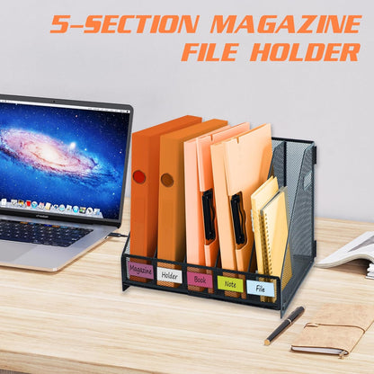 Desk File Organizer Metal Desk Magazine Folder With 4 Vertical Compartments Rack File Organizer For Office, Home, School, Black