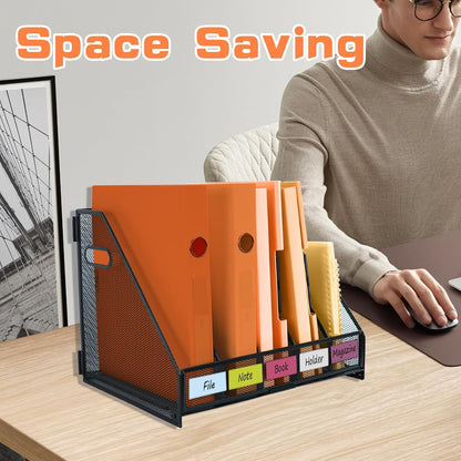 Desk File Organizer Metal Desk Magazine Folder With 4 Vertical Compartments Rack File Organizer For Office, Home, School, Black