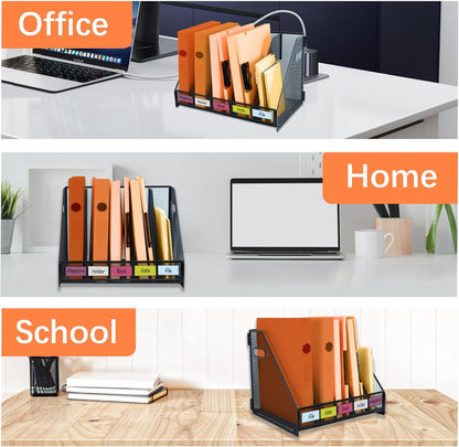Desk File Organizer Metal Desk Magazine Folder With 4 Vertical Compartments Rack File Organizer For Office, Home, School, Black