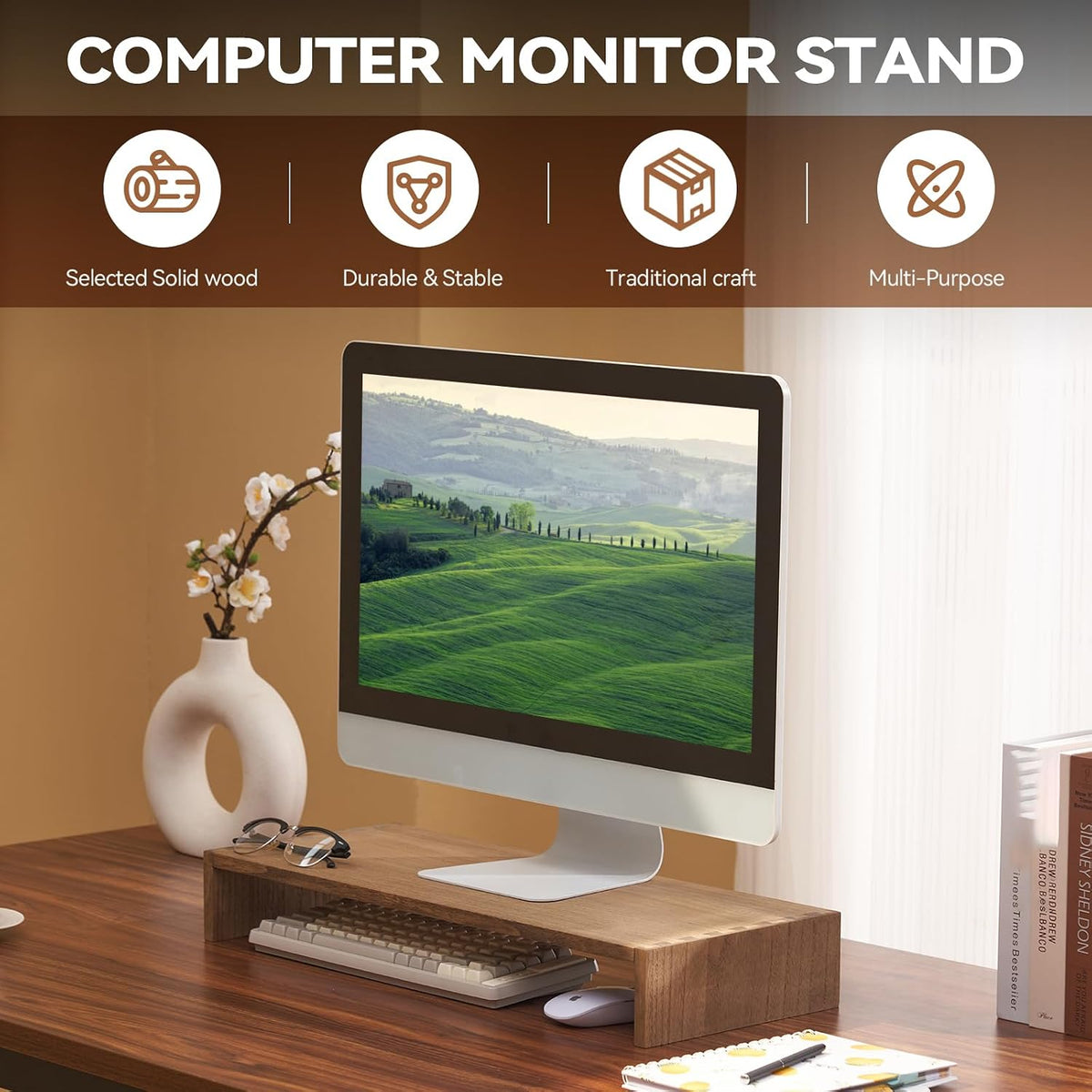 Wood Monitor Stand Riser for Desk, 15.39 Inch, Natural 39-NA