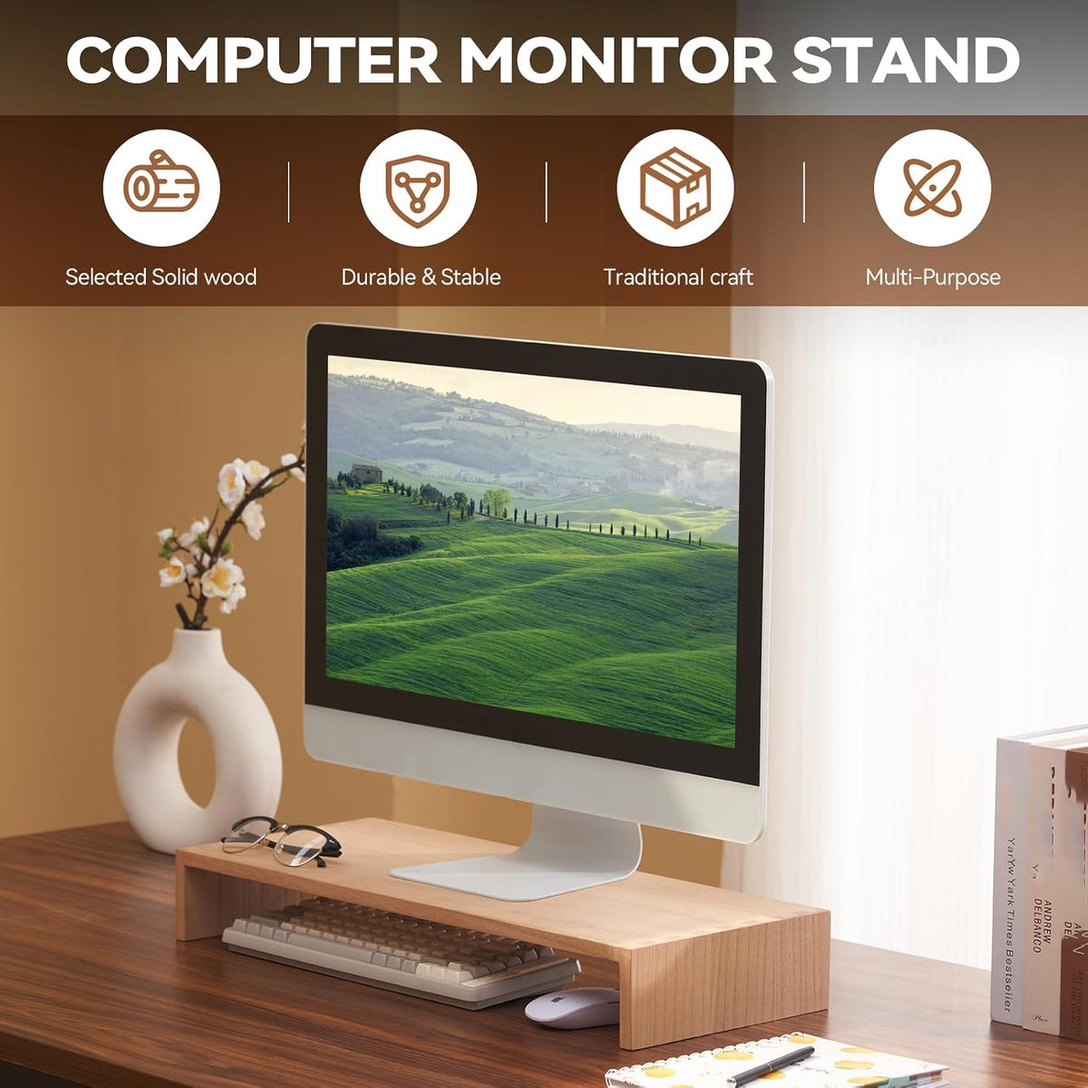Wood Monitor Stand Riser for Desk, 15.39 Inch, Natural 39-NA