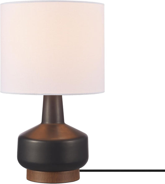 15" Ceramic Table Lamp, Matte Black Base, Wood-Toned Accent, White Linen Shade, Dual Rotary Switch, Modern Bedroom or Office Lighting, 61000046