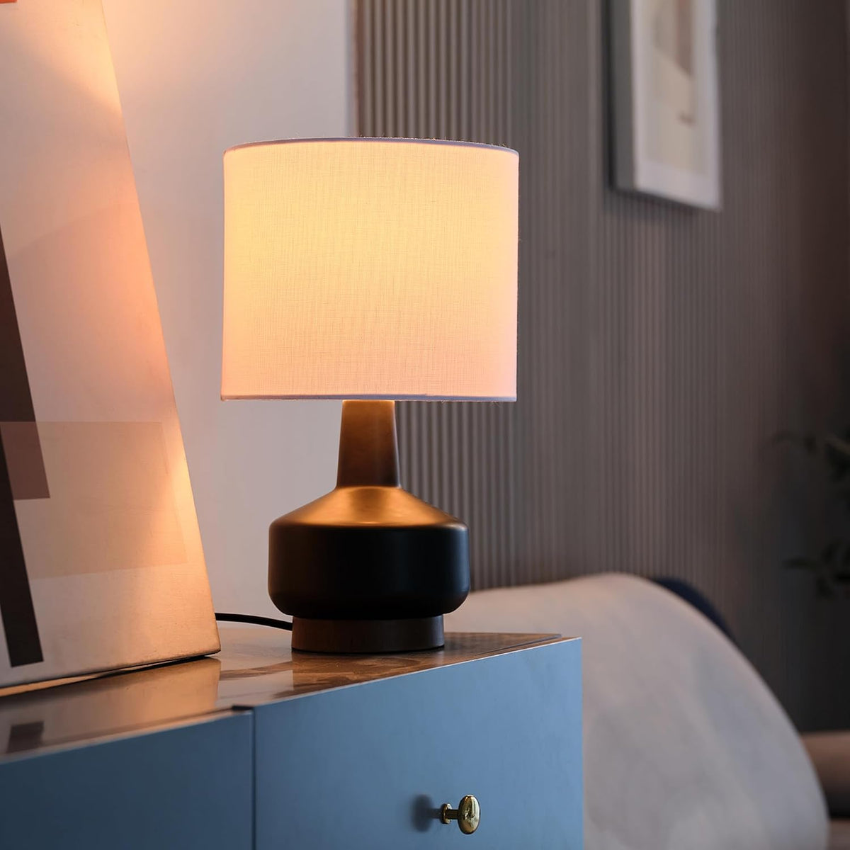 15" Ceramic Table Lamp, Matte Black Base, Wood-Toned Accent, White Linen Shade, Dual Rotary Switch, Modern Bedroom or Office Lighting, 61000046