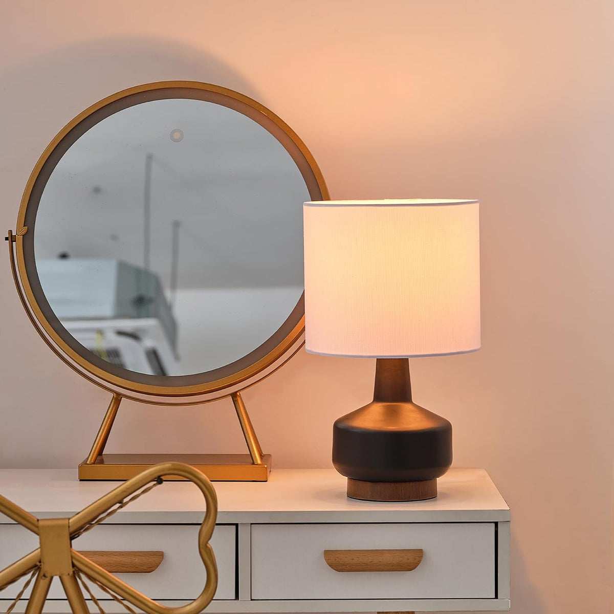 15" Ceramic Table Lamp, Matte Black Base, Wood-Toned Accent, White Linen Shade, Dual Rotary Switch, Modern Bedroom or Office Lighting, 61000046