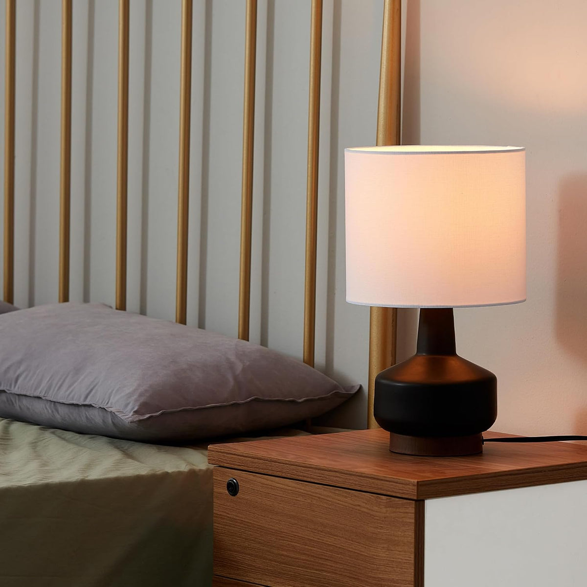 15" Ceramic Table Lamp, Matte Black Base, Wood-Toned Accent, White Linen Shade, Dual Rotary Switch, Modern Bedroom or Office Lighting, 61000046