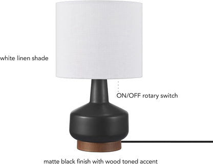 15" Ceramic Table Lamp, Matte Black Base, Wood-Toned Accent, White Linen Shade, Dual Rotary Switch, Modern Bedroom or Office Lighting, 61000046
