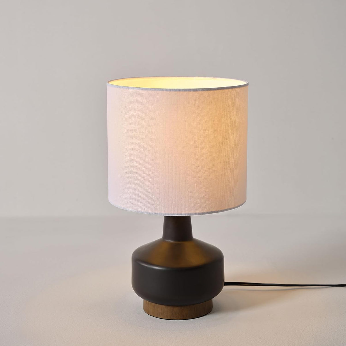 15" Ceramic Table Lamp, Matte Black Base, Wood-Toned Accent, White Linen Shade, Dual Rotary Switch, Modern Bedroom or Office Lighting, 61000046