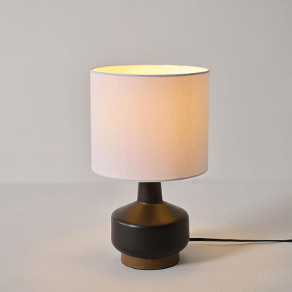 15" Ceramic Table Lamp, Matte Black Base, Wood-Toned Accent, White Linen Shade, Dual Rotary Switch, Modern Bedroom or Office Lighting, 61000046