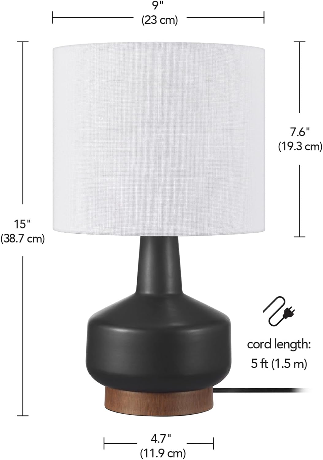 15" Ceramic Table Lamp, Matte Black Base, Wood-Toned Accent, White Linen Shade, Dual Rotary Switch, Modern Bedroom or Office Lighting, 61000046