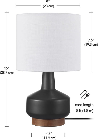 15" Ceramic Table Lamp, Matte Black Base, Wood-Toned Accent, White Linen Shade, Dual Rotary Switch, Modern Bedroom or Office Lighting, 61000046