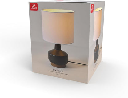 15" Ceramic Table Lamp, Matte Black Base, Wood-Toned Accent, White Linen Shade, Dual Rotary Switch, Modern Bedroom or Office Lighting, 61000046